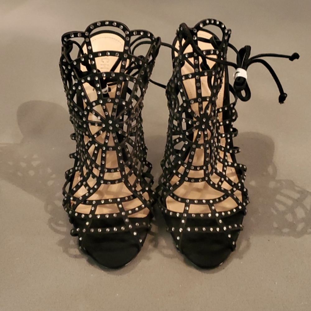 SCHUTZ Black Studded Cage Heeled Sandals with Ankle Tie
